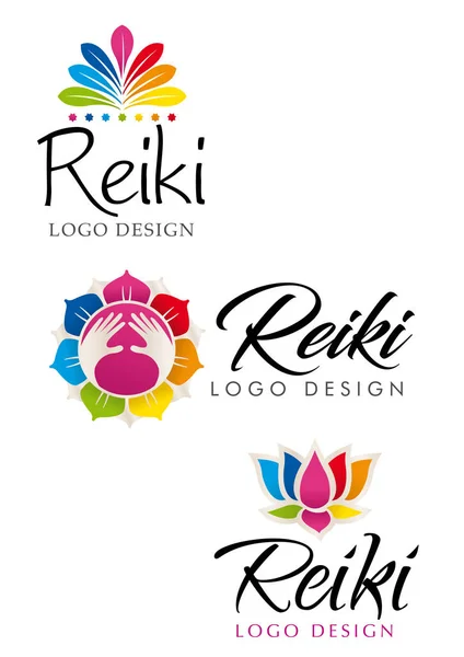 Tres logotipos diferentes de Reiki con tema floral con los colores de los siete chakras - Imagen vectorial — Archivo Imágenes Vectoriales