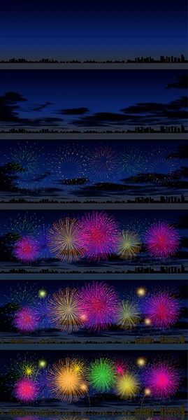 Digitaler Illustrationsprozess in 6 Schritten einer nächtlichen Landschaft mit Feuerwerk über einer Stadt, die sich im Wasser spiegelt — Stockfoto