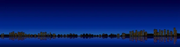 Długa noc krajobraz miasto z zapalonymi światłami odzwierciedlenie w wodzie - wektorowa — Wektor stockowy