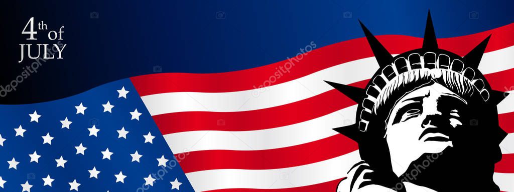 Banner of face of the Statue of Liberty over the United States of America flag with the text July 4th - Vector image