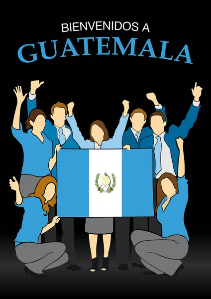Bienvenidos는 과테말라-과테말라의 과테말라 국기의 색깔에서 옷을 입고 손으로 흔드는 국기를 들고 스페인 언어 그룹에 오신-벡터 이미지 — 스톡 벡터