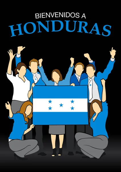 Bienvenidos는 온두라스-온두라스 사람들의 온두라스 국기의 색깔에서 옷을 입고 손을 흔들며 깃발을 들고 스페인 언어 그룹에 오신-벡터 이미지 — 스톡 벡터