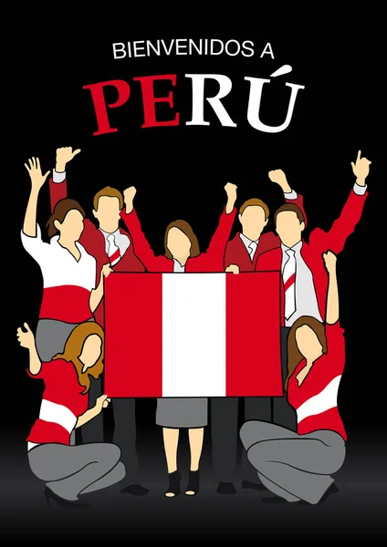 Bienvenidos는 페루-페루 사람들의 페루 깃발의 색깔에서 옷을 입고 손을 흔들며 깃발을 들고 스페인 언어 그룹에 오신-벡터 이미지 — 스톡 벡터