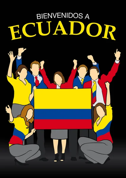Bienvenidos는 에콰도르-에콰도르 사람의 에콰도르 국기의 색깔에서 옷을 입고 손을 흔들며 하 고 국기를 들고 스페인 언어 그룹에 오신-벡터 이미지 — 스톡 벡터