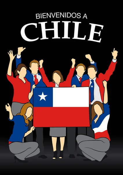 Bienvenidos a Chile - Bem-vindo ao Chile em língua Espanhola- Grupo de pessoas vestidas com as cores da bandeira do Chile, acenando com as mãos e segurando a bandeira - Imagem vetorial —  Vetores de Stock