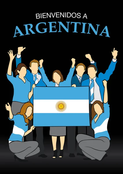 Bienvenidos a Argentina -Welcome to Argentina in Spanish language- Group of people dressed in the colors of the Argentina flag, waving with hands and holding the flag - Vector image — Stock Vector