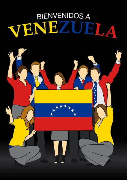 Bienvenidos 베네수엘라-베네수엘라의 베네수엘라 국기의 색깔에서 옷을 입고 손으로 흔드는 국기를 들고 스페인 언어 그룹에 오신-벡터 이미지 — 스톡 벡터