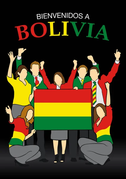 Bienvenidos는 볼리비아-볼리비아 사람과 볼리비아 깃발의 색깔에서 옷을 입고 손을 흔들며 깃발을 들고의 스페인 언어 그룹에 오신-벡터 이미지 — 스톡 벡터