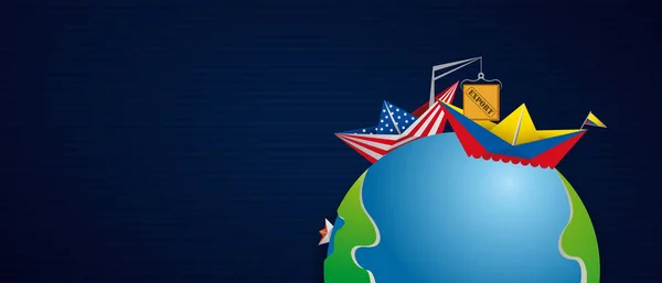 Fogalmi ábra arról, hogy a kereskedelmi csere között az Amerikai Egyesült Államok, Kolumbia, papír csónak bélelt minden ország - vektor kép zászlaja — Stock Vector