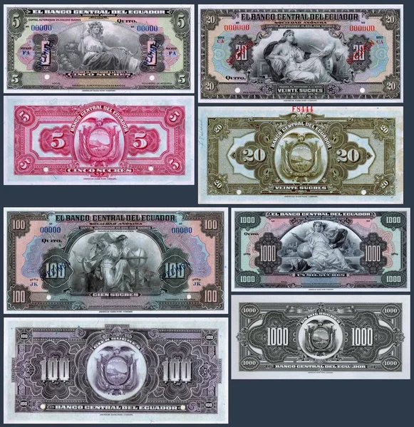 Old banknotes of 5, 20, 100 and 1000 sucres of the Central Bank of Ecuador that circulated from 1928 to the year 1949 — Stock Photo, Image