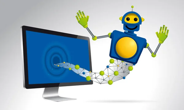 Genie kék robot szűrnek ki a képernyőn a számítógép, a fehér háttér - vektor kép — Stock Vector