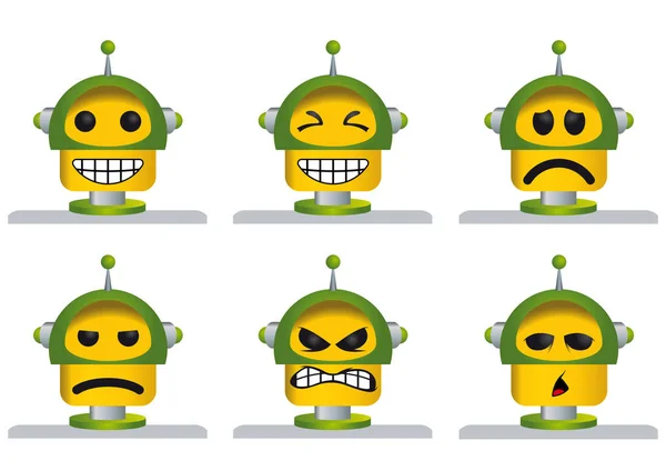Sada šesti ploch žlutý a zelený robot, smál se, smutný, naštvaný a unavená - vektorový obrázek — Stockový vektor