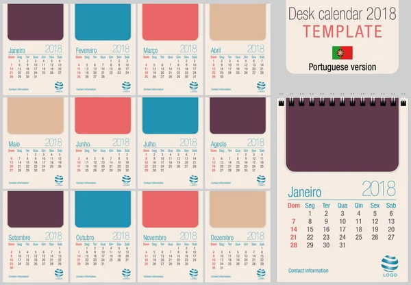 Plantilla útil de calendario de escritorio 2018 en colores pastel, lista para imprimir en láser o offset. Tamaño: 150mm x 210mm. Formato A5 vertical. Versión en portugués — Archivo Imágenes Vectoriales