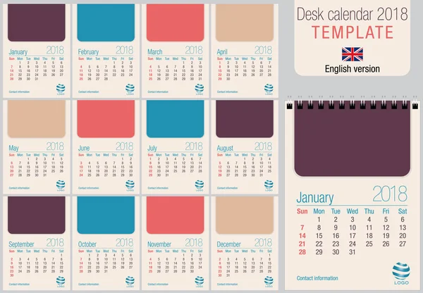 Plantilla útil de calendario de escritorio 2018 en colores pastel, lista para imprimir en láser o offset. Tamaño: 150mm x 210mm. Formato A5 vertical. Versión en inglés — Archivo Imágenes Vectoriales