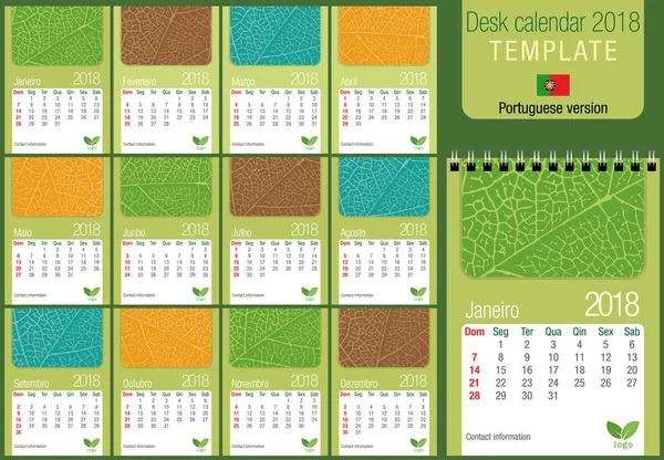 Calendario de escritorio útil 2018 plantilla con textura de hoja sobre fondo verde. Tamaño: 150 mm x 210 mm. Formato A5 vertical. Versión en portugués — Archivo Imágenes Vectoriales