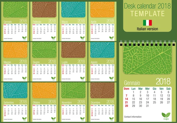 Корисні бюро календар 2018 шаблон на такий лист текстуру на зеленому тлі. Розмір: 150 мм x 210 мм. А5 формату макет «вертикальний» Італійська версія — стоковий вектор