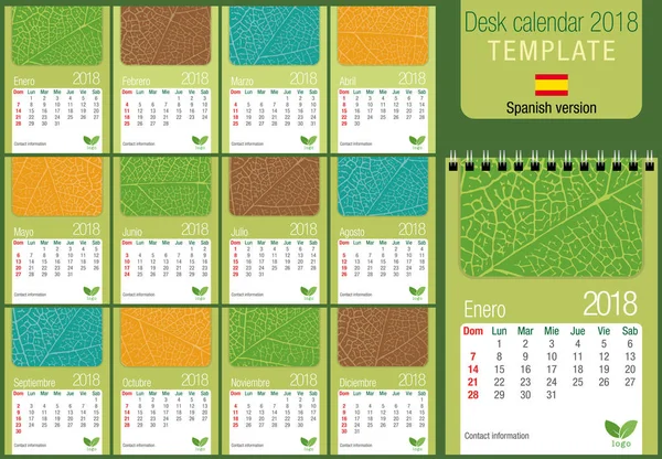 Wygodne biurko szablon kalendarza 2018 z liści tekstury na zielonym tle. Rozmiar: 150 x 210 mm. Format A5 pionowo. Wersja hiszpańska — Wektor stockowy