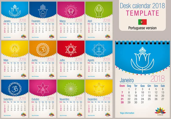 Корисні бюро 2018 барвисті шаблона календаря з йоги і рейки ікон. Розмір: 150 мм x 210 мм. А5 формату макет «вертикальний» Португальська-версія — стоковий вектор