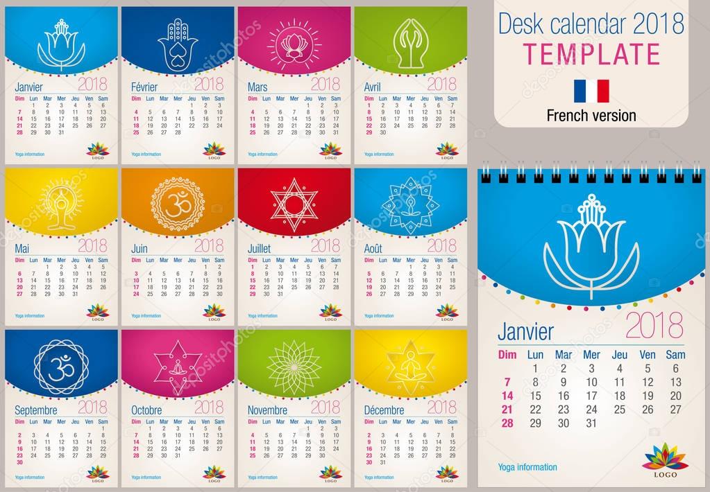 Useful desk calendar 2018 colorful template with yoga and reiki icons. Size: 150mm x 210mm. Format A5 vertical. French version