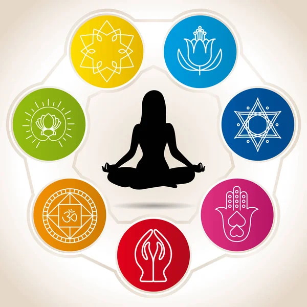 Silhouette of woman in meditation position surrounded by seven colored circles with icons of yoga and reiki - Vector image — Stock Vector