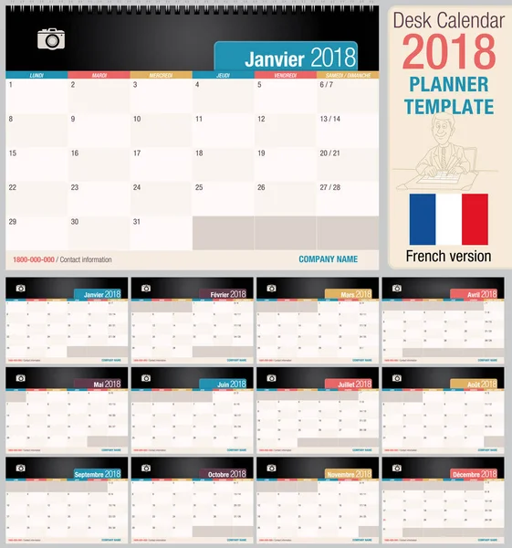 Корисні настільного календаря 2018 - планувальник шаблон. Горизонтальний - ВЕКТОРНОЕ ИЗОБРАЖЕНИЕ - французької версії формату — стоковий вектор