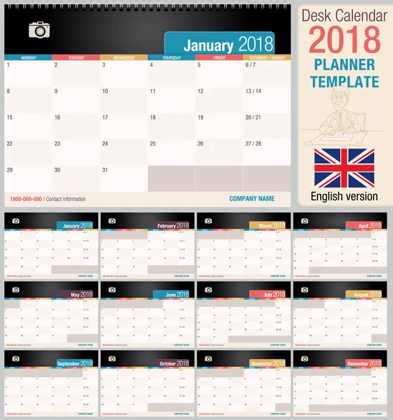 Nuttige bureaukalender 2018 - Planner sjabloon. Indeling horizontale - Vector image - Engelse versie — Stockvector