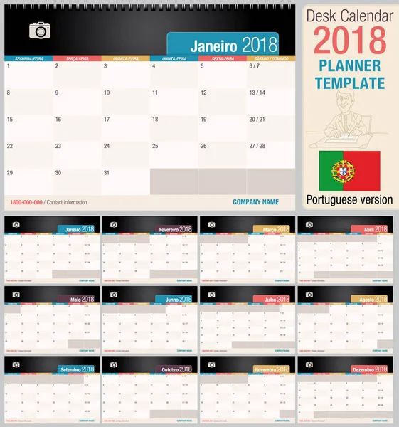 Nuttige bureaukalender 2018 - Planner sjabloon. Indeling horizontale - Vector image - Portugese versie — Stockvector