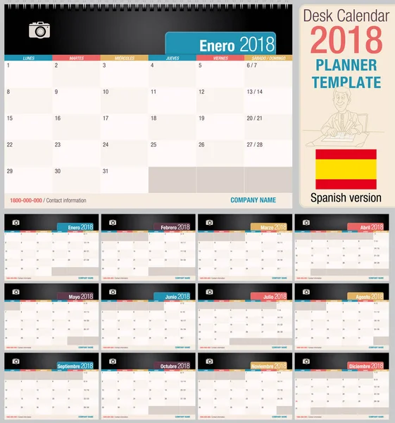 Χρήσιμο επιτραπέζιο ημερολόγιο 2018 - Planner πρότυπο. -Διανυσματική εικόνα - ισπανική έκδοση σε οριζόντια μορφή — Διανυσματικό Αρχείο