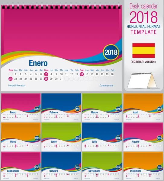 Resepsiyon üçgen takvim 2018 renkli şablonu. Boyut: 210 mm x 150 mm. A5 biçimi. Vektör görüntü. İspanyolca versiyonu