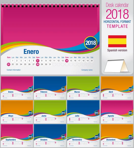 Бюро трикутник календар 2018 барвисті шаблон. Розмір: 210 мм х 150 мм. формату А5. Векторні зображення. Іспанська версія — стоковий вектор
