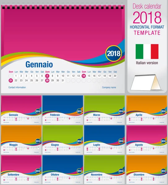 Desk calendário triângulo 2018 modelo colorido. Tamanho: 210mm x 150mm. Formato A5. Imagem vetorial. Versão italiana —  Vetores de Stock