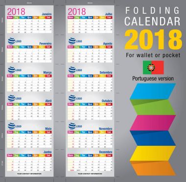 Kullanışlı katlanabilir takvim 2018, renkli şablonu. Açık Boyut: 90 mm x 320 mm. yakın boyutu: 90 mm x 55 mm dosyada, kesme ve kılavuzları katlanır.. Portekizce sürümü