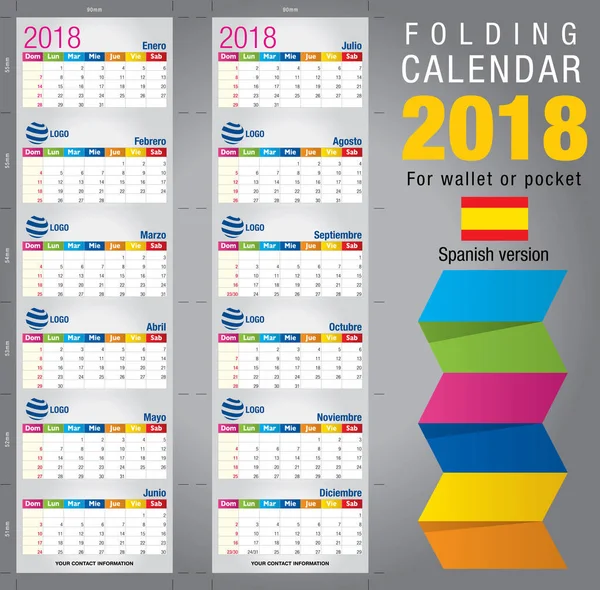 Handig opvouwbaar kalender 2018, kleurrijke sjabloon. Open grootte: 90 mm x 320 mm. nauwe grootte: 90 mm x 55 mm. bestand bevat snijden & vouwen gidsen. Spaanse versie — Stockvector