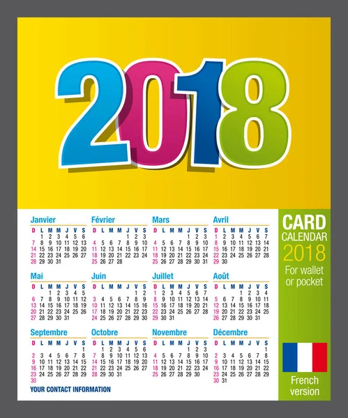 Calendário de cartão de dois lados útil 2018 para carteira ou bolso, em cores. Tamanho: 9 cm x 5,5 cm. Versão francesa —  Vetores de Stock