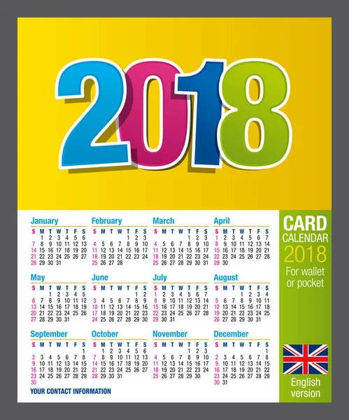 Calendário de cartão de dois lados útil 2018 para carteira ou bolso em cores. Tamanho: 9 cm x 5,5 cm. Versão em inglês —  Vetores de Stock