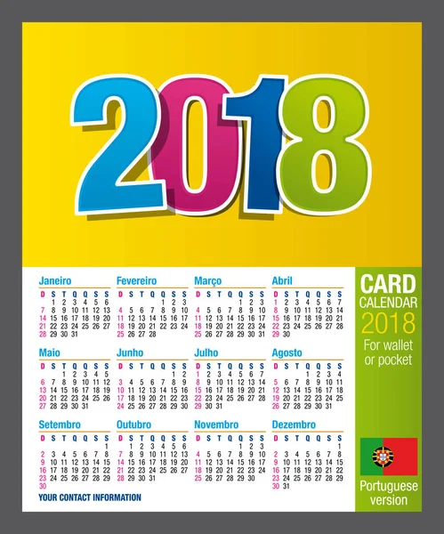 Yararlı iki taraflı kart takvim 2018 için m-cüzdan ya da cep, tam renkli. Boyut: 9 cm x 5.5 cm. Portekizce sürümü — Stok Vektör