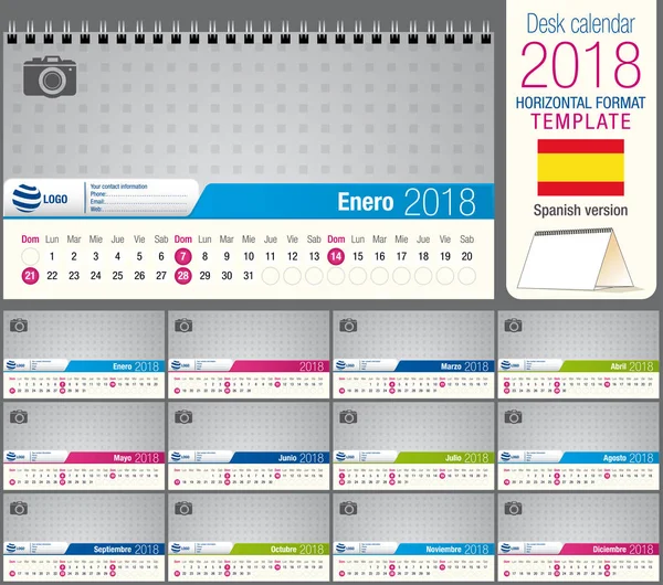 便利なデスク三角形 2018 のカレンダー テンプレート、印刷用に準備します。サイズ: 22 cm × 12 cm。 水平線の書式。スペイン語版 — ストックベクタ