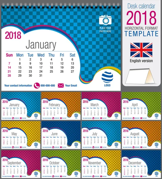 Calendar triunghi birou 2018 șablon colorat. Dimensiune: 21 cm x 15 cm. Formatul A5. Imagine vectorială. Versiunea în engleză — Vector de stoc