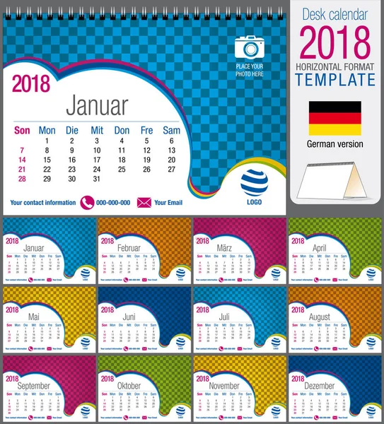 Escritorio triángulo calendario 2018 plantilla de colores. Tamaño: 21 cm x 15 cm. Formato A5. Imagen vectorial. Versión alemana — Archivo Imágenes Vectoriales