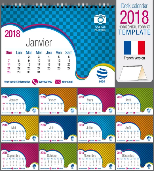 Escritorio triángulo calendario 2018 plantilla de colores. Tamaño: 21 cm x 15 cm. Formato A5. Imagen vectorial. Versión francesa — Vector de stock