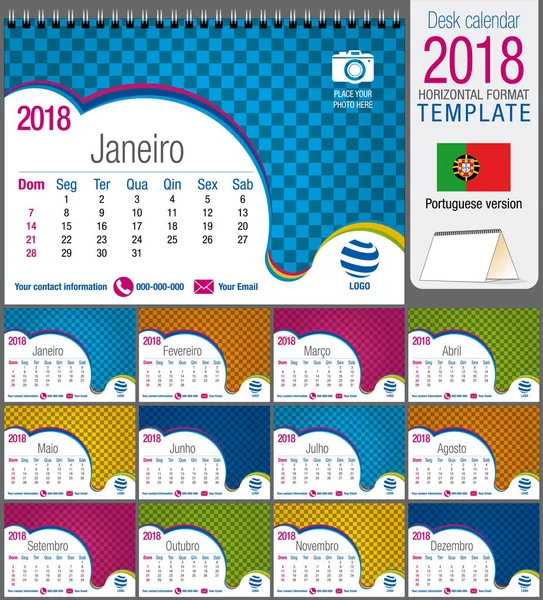 Escritorio triángulo calendario 2018 plantilla de colores. Tamaño: 21 cm x 15 cm. Formato A5. Imagen vectorial. Versión en portugués — Archivo Imágenes Vectoriales