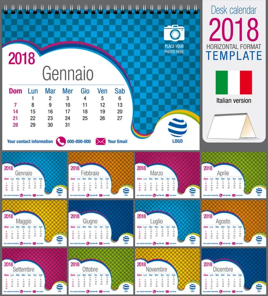 Bureau driehoek 2018 kleurrijke kalendersjabloon. Afmeting: 21 cm x 15 cm. formaat A5. Vector afbeelding. Italiaanse versie — Stockvector