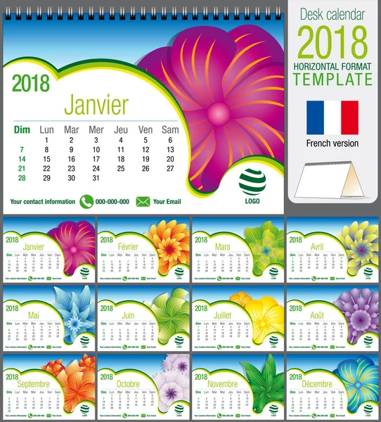 Escritorio triángulo calendario 2018 plantilla con diseño floral abstracto. Tamaño: 21 cm x 15 cm. Formato A5. Imagen vectorial. Versión francesa — Vector de stock