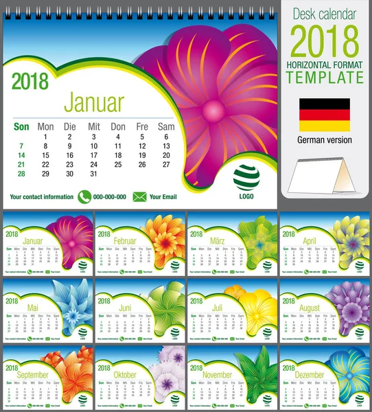 Desk triângulo calendário 2018 modelo com design floral abstrato. Tamanho: 21 cm x 15 cm. Formato A5. Imagem vetorial. Versão alemã —  Vetores de Stock