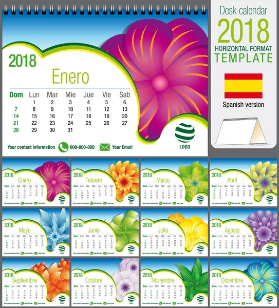 抽象的な花柄のデザインでデスク三角形 2018 のカレンダー テンプレートです。サイズ: 21 cm x 15 cm。 形式 A5。ベクター画像。スペイン語版 — ストックベクタ