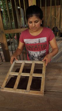 Puerto Quito, Pichincha / Ekvator - 17 Ağustos 2017: ahşap kalıpları çikolata bloklardan çekerek genç latin kadın