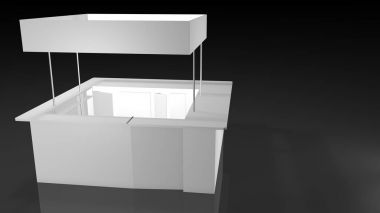 Siyah arka plan üzerine beyaz sergi stand kare şekli tasarımı. 3D render