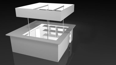 Siyah arka plan üzerine beyaz sergi stand kare şekli tasarımı. 3D render