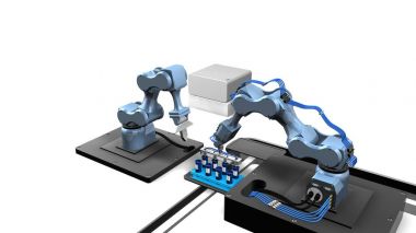 3D modeli örnekleri test tüplerinin beyaz arka plan ile bir tepsiden alarak iki mekanik kolları ile otomatik bir laboratuvar. 3D render resim