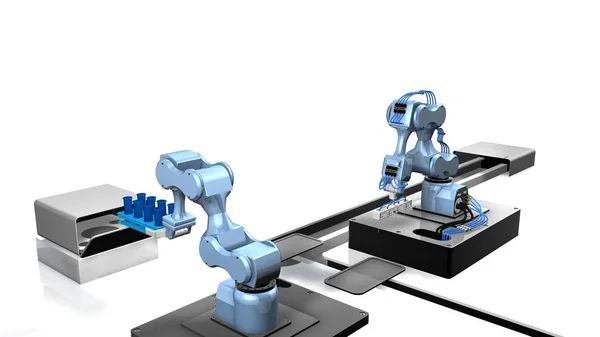 Modelo 3D de laboratorio automatizado con dos brazos mecánicos que toman muestras de una bandeja de tubos de ensayo con fondo blanco. Imagen de renderizado 3D —  Fotos de Stock